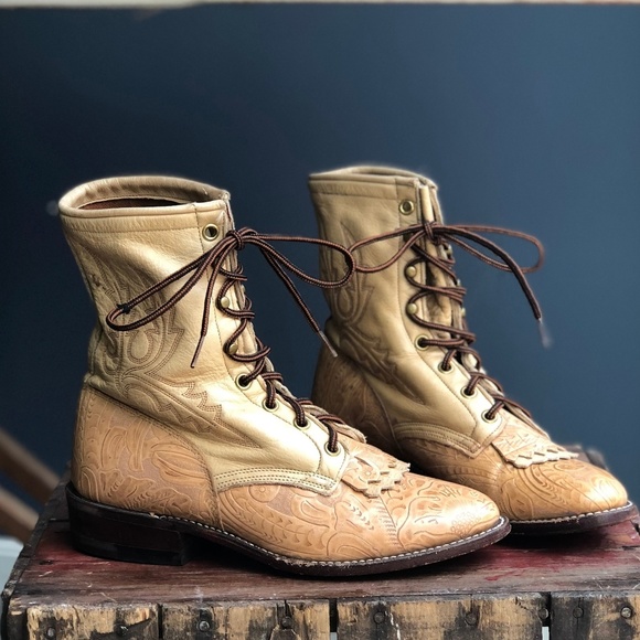 Larry Mahan Shoes - Vintage Larry Mahan Tooled Leather Roper Boots